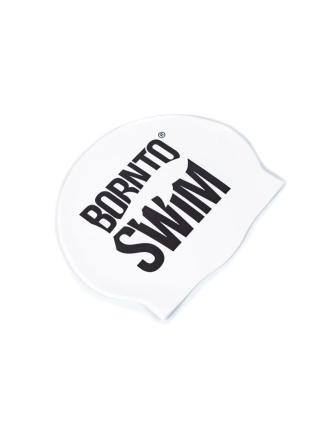 Plavecka-silikonová čepice BÍLÁ BornToSwim® Classic ČERNÉ logo