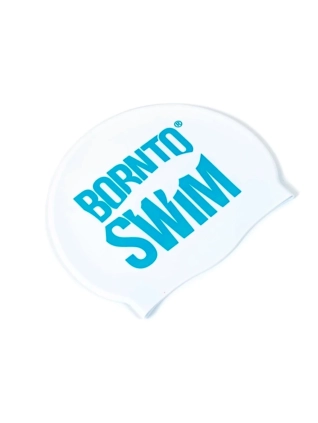 Plavecká silikonová čepice BÍLÁ BornToSwim® Classic BLANKYTNĚ MODRÉ logo