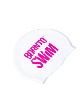Plavecká silikonová čepice BÍLÁ BornToSwim® Classic RŮŽOVÉ logo