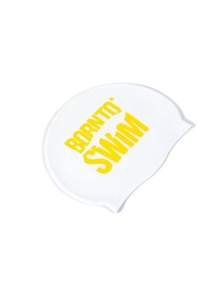 Plavecká silikonová čepice BÍLÁ BornToSwim® Classic ŽLUTÉ logo