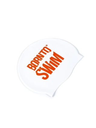 Plavecká silikonová čepice BÍLÁ BornToSwim® Classic ORANŽOVÉ logo